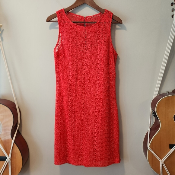 NWT Saks Fifth Avenue Black Label Scalloped Lace Overlay Dress in Blood Orange - Picture 1 of 6
